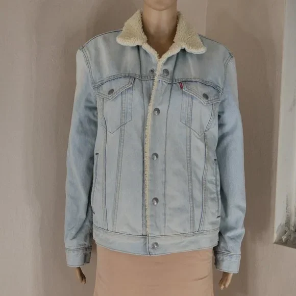 Levi’s Sherpa Fleece Lined Denim Trucker Jacket Light Blue Mens Small